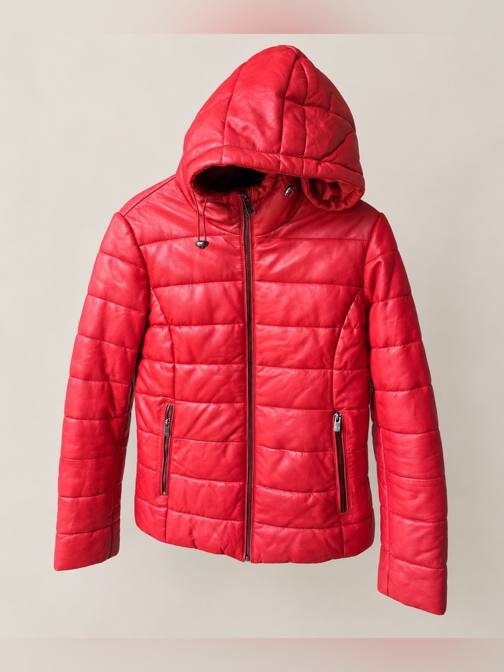 BOD & CHRISTENSEN Women’s Red Leather Puffer Jacket Hooded Size M